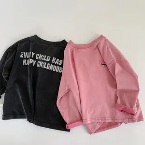 T-shirt a maniche lunghe per bambini color grigio antracite e rosa chiaro effetto lavato