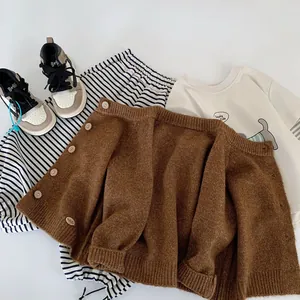 Kids brown knit cardigan with white printed T-shirt and striped pants outfit set