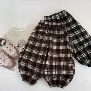 Casual Korean style checkered trousers and cartoon t-shirt for boys and girls