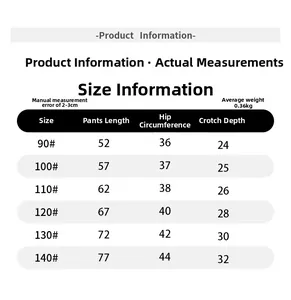 Size chart for kids plaid trousers showing measurements for length and hip from 90 to 140