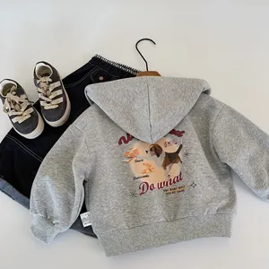 Flat lay of kids grey hoodie with beagle print, denim bottoms and matching sneakers