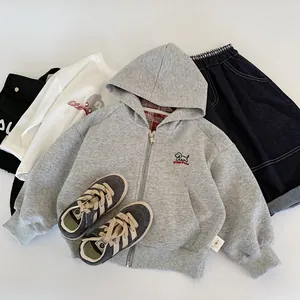 Toddler grey hooded zipper sweatshirt and navy pants outfit set with puppy embroidery
