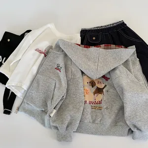 Toddler 3-piece set featuring a grey hooded jacket with a cute puppy print and blue jeans