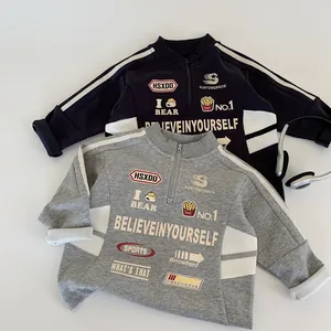Felpe per bambini con mezza zip e stampe di lettere in blu navy e grigio scuro
