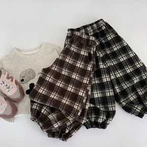 Kids Plaid Casual Pants Korean Style Elastic Waist Cuffed Ankle Trousers For Boys Girls Polyester Viscose Blend Bottoms