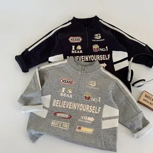 Felpa da Bambino con Mezza Zip Casual in Misto Cotone Collo in Piedi Stampa di Lettere Maglione a Manica Lunga Sportivo Moda