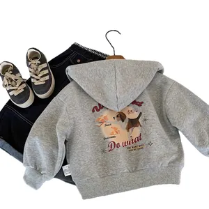 Grey hooded jacket for kids with cartoon beagle print and blue pants on wooden hanger
