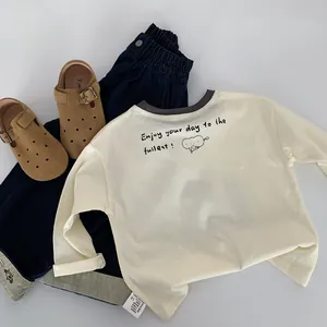 Kids long sleeve cream t-shirt with elephant print and denim jeans outfit set