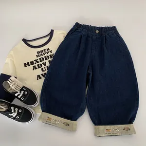 Jeans Denim Décontracté Ample Enfants Broderie Animaux Dessin Animé Revers Taille Élastique Pantalon Printemps Automne Filles Garçons
