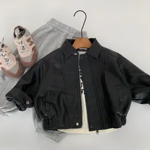 Children's black faux leather biker jacket with zipper and elastic hem on white background
