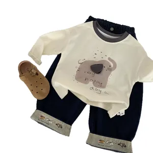 Kids long sleeve t-shirt and denim pants set with cute cartoon elephant print