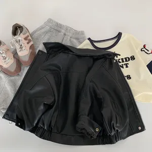 Kids black faux leather biker jacket with stand collar and zip-up design for boys and girls