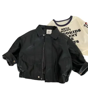 Classic black faux leather jacket for kids featuring metal zipper and elastic hem details