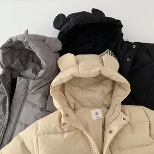 Kinder Daunenjacke mit Kapuze in Grau Schwarz und Beige mit süßen Tierohren