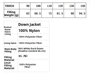 Size chart and material specs for children's 90% white duck down winter jacket