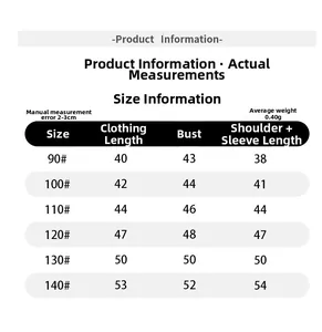 Size chart for kids down jacket with measurements for length, bust, and sleeve length