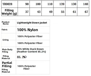 Detailed size chart and material composition for children down jacket with filling data