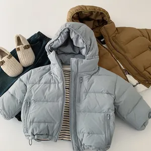 Toddler 90% white duck down hooded jackets in blue and brown with denim jeans set