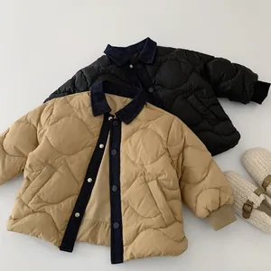 Quilted kids down jacket with corduroy collar and metallic snaps in khaki and black