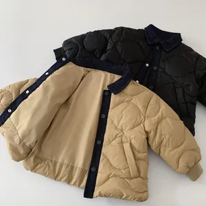 Quilted boys down jacket with denim collar, lightweight windproof kids coat in black and khaki