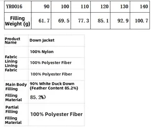 Detailed size chart and down weight specs for water-resistant hooded kids down jackets