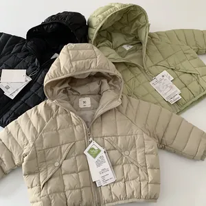 Three-color kids down jacket with Teflon fabric and hooded quilted design for winter
