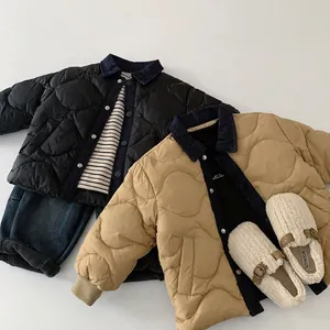Boys lightweight quilted down jacket with corduroy collar in black and khaki colors