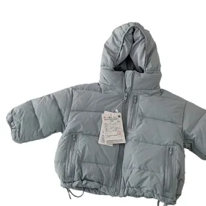 Kids light grey hooded down jacket with three zipper pockets and windproof quilted fabric