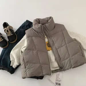 Piatto di un gilet grigio in piumino d'anatra al 90% con zip e cartellino di taglia 90cm