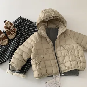 Three-piece winter set featuring beige quilted down jacket, striped fleece pants and plush shoes