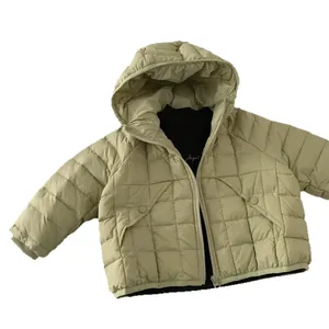 Kids hooded water-resistant down jacket in light olive with quilted design and warm cuffs