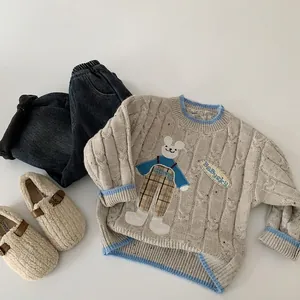 Pull d'Hiver pour Enfants avec Broderie Ours Lapin Tricot Torsadé Chaud en Mélange de Laine d'Agneau Col Rond Manches Longues