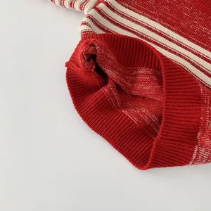 Kids red and white striped knit sweater with ribbed crew neck and soft cotton texture