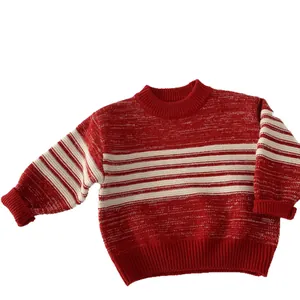 Red knit sweater with white horizontal stripes and classic crew neck for children