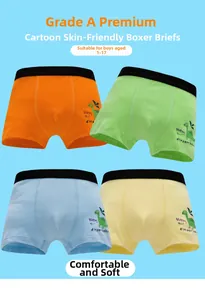Detailed set of four cotton boxer briefs for boys featuring dinosaur prints and wide waistbands