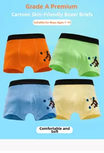 Detail of four-piece boys' cotton boxer briefs with bear print and elastic waistband