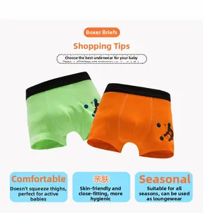 Detail view of two pairs of cotton boy boxers in green and orange with cartoon bear prints