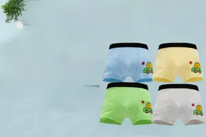 Four-pack of pure cotton boy boxers in blue, yellow, green, and gray with car prints