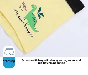 Detail of reinforced seams and cartoon dinosaur print on cotton boys boxer briefs