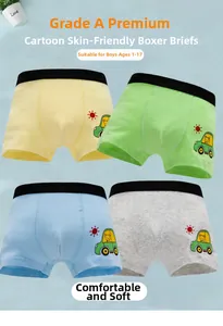 Close-up of four-pack boys cotton boxer briefs with cartoon prints and elastic waist