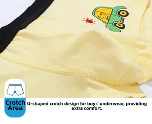 Detail view of cotton boxer briefs with U-shaped ergonomic crotch and cartoon car print
