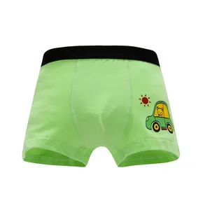 Green cartoon cotton boxer briefs for boys with elastic waistband and cute bear car print