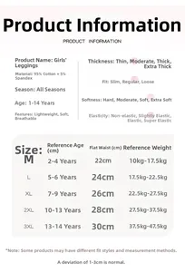 Tableau des tailles détaillé pour leggings de sécurité en coton pour filles par âge