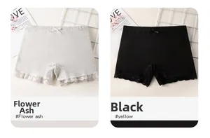 Detail of girls cotton safety shorts in heather grey and black with lace trim