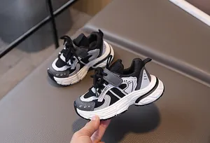 Close-up of breathable mesh material and velcro strap on children's chunky sneakers