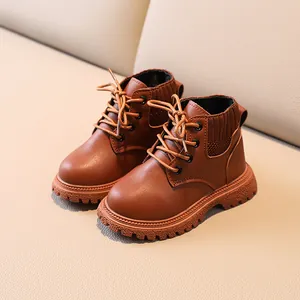 Brown children's Martin boots with caramel faux leather and non-slip rubber soles