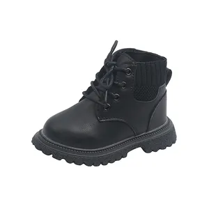Black kids leather martin boots with knit collar and thick non-slip rubber sole