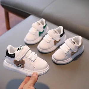 Kids Cartoon Bear Sports Sneakers Synthetic Leather Hook And Loop Non-slip Lightweight Casual Walking Shoes For Toddler Boys Girls