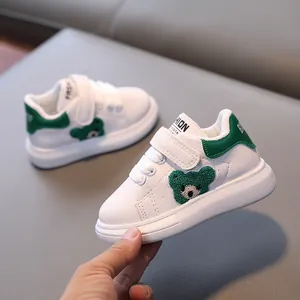 Kids white sneaker with green panda embroidery and non-slip thick sole for children