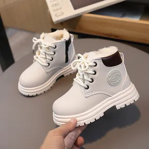 Winter kids' white fleece-lined snow boots with slip-resistant soles and side zippers